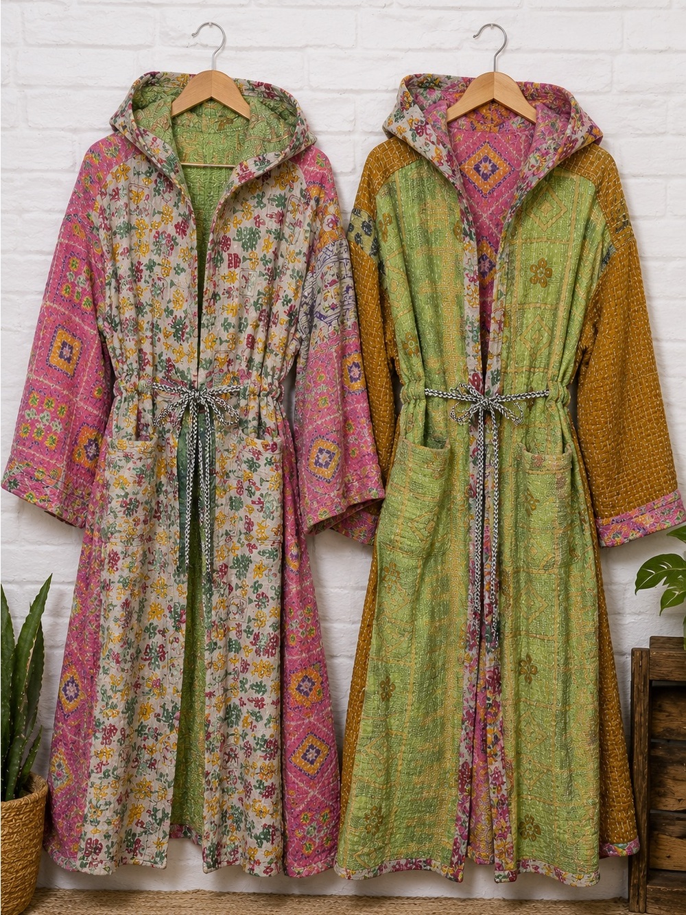 🌸 Reversible Kantha Hooded Robe Duster 100% Cotton Boho Patchwork